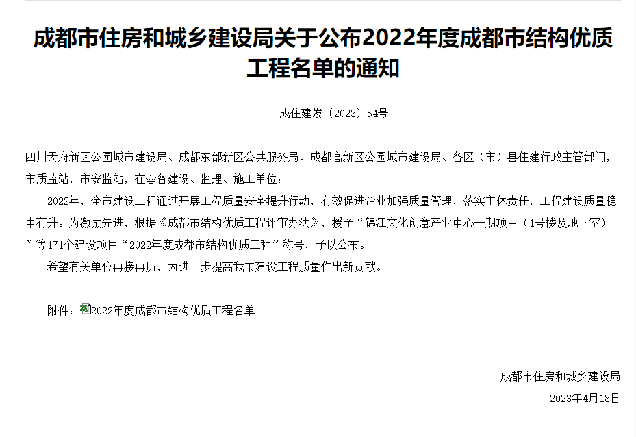 成住建发〔2023〕54号-成都市住房和城乡建设局关于公布2022年度成都市结构优质工程名单的通知